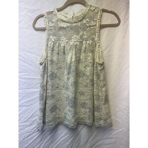 Altar'd State Lace Sleeveless Top Cream Blue Floral Boho Pom Pom Trim Small